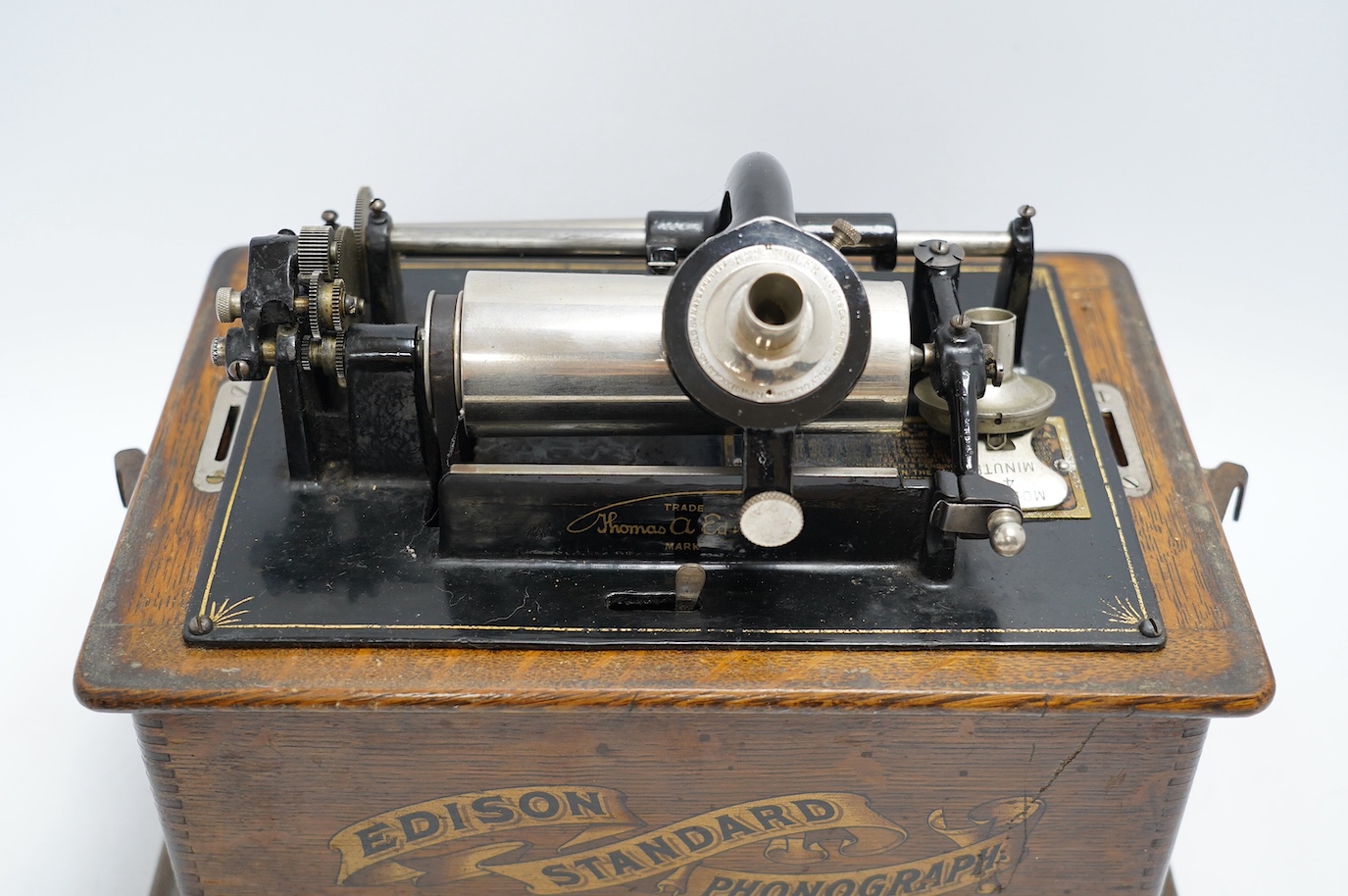 An oak cased Edison Standard phonograph, 28.5cm high. Condition - fair